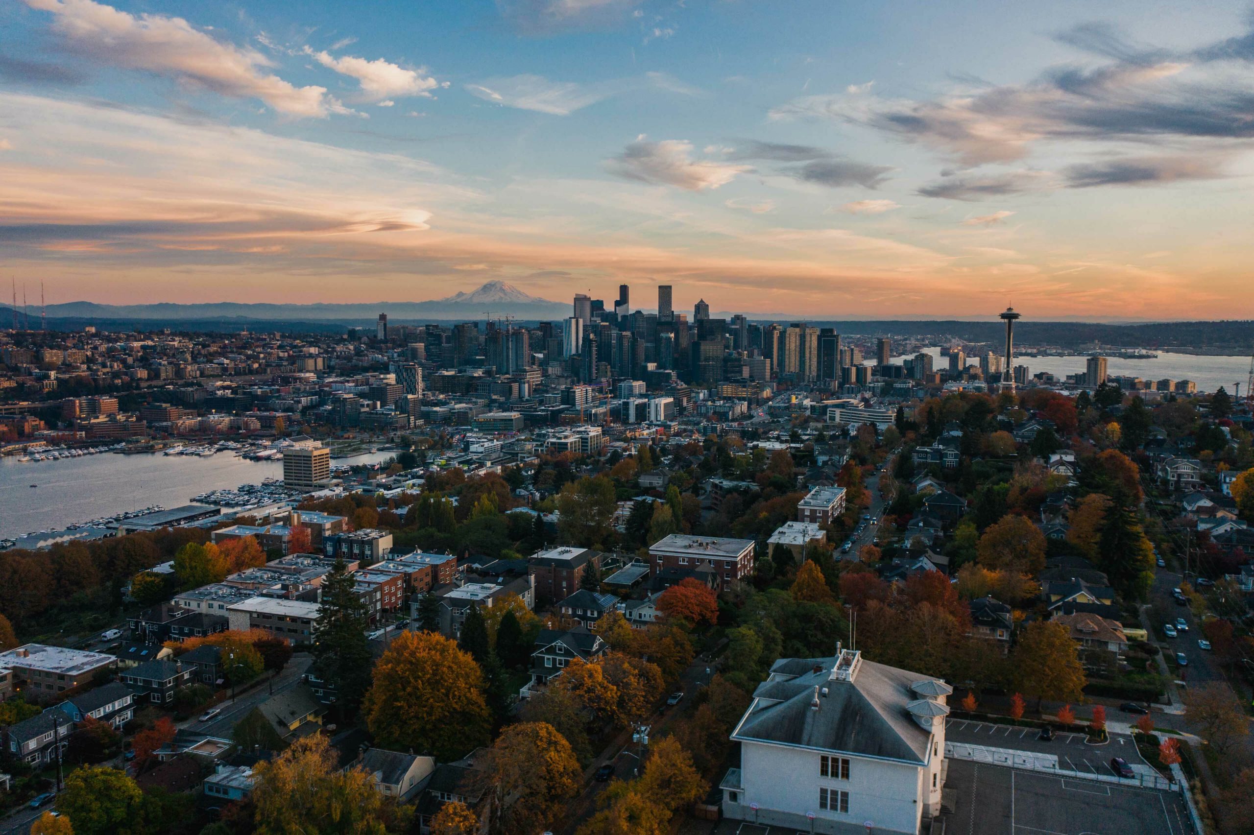 An aerial view of the cityscape of Seattle during sunset, South Lake Union